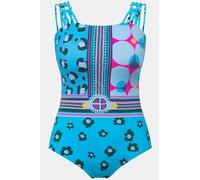 Ulla Popken Damen große Größen Übergrößen Plus Size Badeanzug, Mustermix, Softcups, recycelt türkisblau 44 827629758-44
