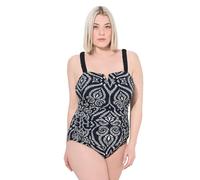 Ulla Popken Damen große Größen Übergrößen Plus Size Badeanzug, Paisley, Raffung, Softcups schwarz 48 836268100-48