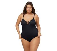 Ulla Popken Damen große Größen Übergrößen Plus Size Badeanzug, Perlenband, Struktur, Softcups, Zierbänder schwarz 42 793662100-42