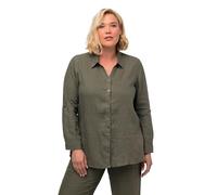 Ulla Popken Damen große Größen Übergrößen Plus Size Bluse, Leinen, offener Kragen, Langarm lodengrün 42+ 794882190-42+