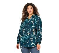 Ulla Popken Damen große Größen Übergrößen Plus Size Bluse, Smok-Stehkragen, A-Linie, V-Ausschnitt, Langarm Dunkles Petrol 42+ 831052747-42+