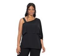 Ulla Popken Damen große Größen Übergrößen Plus Size Chiffon-Bluse, One-Shoulder-Überwurf, A-Linie, 3/4-Arm schwarz 46+ 836057130-46+