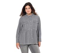 Ulla Popken Damen große Größen Übergrößen Plus Size Jeansbluse, Volant, A-Linie, Hemdkragen, Langarm, Fransen Light Grey Denim 46+ 834531904-46+