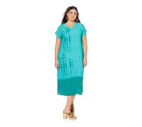 Ulla Popken Damen große Größen Übergrößen Plus Size Kaftan, Leinenmix, Batikdruck, V-Ausschnitt, Halbarm dunkel Petrol 50+ 838672769-50+