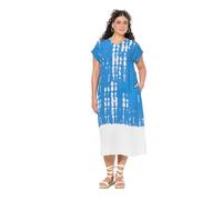 Ulla Popken Damen große Größen Übergrößen Plus Size Kaftan, Leinenmix, Batikdruck, V-Ausschnitt, Halbarm Petrolblau 50+ 838672738-50+