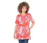 Ulla Popken Damen große Größen Übergrößen Plus Size Longshirt, Patchdruck, A-Linie, V-Ausschnitt, Halbarm Koralle 50+ 838969505-50+