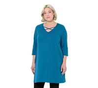Ulla Popken Damen große Größen Übergrößen Plus Size Longshirt, Zierbänder, A-Linie, V-Ausschnitt, 3/4-Arm Ozean blau 46+ 825969754-46+