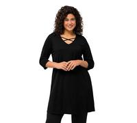 Ulla Popken Damen große Größen Übergrößen Plus Size Longshirt, Zierbänder, A-Linie, V-Ausschnitt, 3/4-Arm schwarz 66+ 825969100-66+