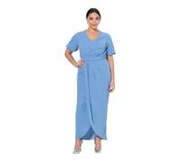 Ulla Popken Damen große Größen Übergrößen Plus Size Maxikleid, Wickeloptik, V-Ausschnitt, Ballon-Halbarm Mittelblau 44 847864716-44