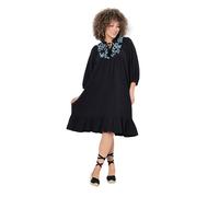 Ulla Popken Damen große Größen Übergrößen Plus Size Musselin-Kleid, Stickerei, Tunika-Ausschnitt, 3/4-Arm schwarz 50+ 838403100-50+