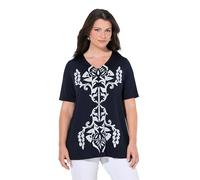 Ulla Popken Damen große Größen Übergrößen Plus Size Slinky-Shirt, Bedruckt, A-Linie, V-Ausschnitt, Halbarm Dunkles Marine 58+ 847651120-58+