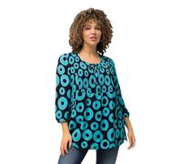 Ulla Popken Damen große Größen Übergrößen Plus Size Smokbluse, Kreise, A-Linie, Rundhals, 3/4-Arm tiefes Aqua 54+ 829086740-54+
