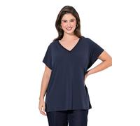 Ulla Popken Damen große Größen Übergrößen Plus Size T-Shirt, Oversized, Glitzer-V-Ausschnitt, Halbarm Marine 54+ 836517130-54+
