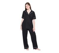 Ulla Popken Women's Pyjama, Zierpaspeln, Reverskragen, Halbarm Pajama Set, schwarz, 48-50
