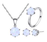 Uloveido Charm platiniert Anhänger Halskette Ohrstecker und Halo-Ring-Schmuck-Set für Frauen Mädchen mit Erstellt White Fire Opal Stone