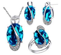 Uloveido Damen Platin Überzogen Erstellt Oval Hellblau Kristall Anhänger Halskette Ohrstecker und Halo Ringe Hochzeit Schmuck Set für Mädchen T472