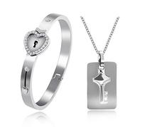 Uloveido Edelstahl Heart Lock Armband und Schlüssel Anhänger Halskette für Männer und Frauen mit Zirkonia Y474 (Stahl)