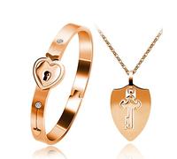 Uloveido Shield Key Halskette und Heart Lock Armband für Paare Schmuck Set Sie halten den Schlüssel zu meinem Herzen Rose Gold Farbe Armband Halskette Set für Männer und Frauen Y473