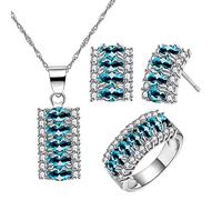 Uloveido Silber Farbe Kristall Halskette Ohrstecker und Ehering Ring Set Zirkon Kostüm Schmuck Set für Frauen Mädchen T502 (Hellblau, Größe 59)