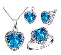Uloveido Weißes Gold Überzogen Große Blaue Stein Herz Ohrringe Halskette Anhänger und Charme Jubiläum Ringe Schmuck Set für Brautfrauen T481