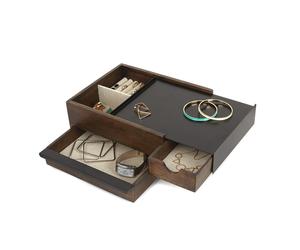 Umbra Stowit Design Schmuckkasten Schwarz/Walnuss moderne Schmuck Box mit Geheimfächern für Ringe Armbänder Uhren Halsketten Ohrringe und Accessoires