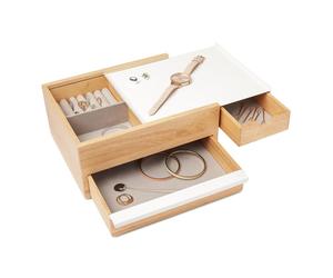 Umbra Stowit Design Schmuckkasten Weiß/Natur moderne Schmuck Box mit Geheimfächern für Ringe Armbänder Uhren Halsketten Ohrringe und Accessoires