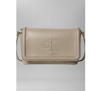 Umhängetasche CALVIN KLEIN "RAISED CK FLAP CROSSBODY", Damen, Gr. B/H/T: 21cm x 9cm, creme, goldfarben, Lederimitat, unifarben, Taschen Umhängetasche, Damen-Schultertasche, Handtasche, kleine Abendtas