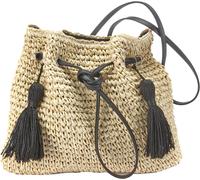 Umhängetasche LASCANA "Strandtasche", Damen, Gr. B/H/T: 36cm x 32cm x 1cm, beige (beige, schwarz), Papierstroh, kontrastfarbene Details, unifarben mit Farbeinsatz, Taschen Strohtasche, aus Papierstroh