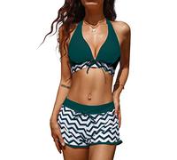 UMIPUBO Bikini Set 2 TLG Sportlicher Badeanzug Zweiteiler Zigzag, Bademode mit Oberteile und Badeshorts, Schwimmbikini Gepolstert Tank Top Swimsuits Sexy Tankini (Blau 02, XXL)