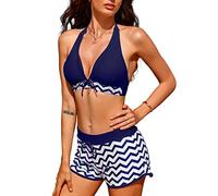 UMIPUBO Bikini Set 2 TLG Sportlicher Badeanzug Zweiteiler Zigzag, Bademode mit Oberteile und Badeshorts, Schwimmbikini Gepolstert Tank Top Swimsuits Sexy Tankini (Blau, XL)