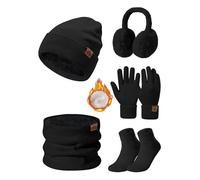 UMIPUBO Mütze Schal Handschuhe Damen Winter Set Wintermütze Fleece Gefütterte Beanie Loop Schlauchschal Wärmer Touchscreen Plüsch Ohrenwärmer Verdickte Ohrenschützer Socken-5 Stück Set，Schwarz