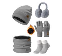 UMIPUBO Mütze Schal Handschuhe Damen Winter Set Wintermütze Fleece Gefütterte Beanie Loop Schlauchschal Wärmer Touchscreen Plüsch Ohrenwärmer Verdickte Ohrenschützer Socken-5 Stück Set，Grau