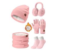 UMIPUBO Mütze Schal Handschuhe Damen Winter Set Wintermütze Fleece Gefütterte Beanie Loop Schlauchschal Wärmer Touchscreen Plüsch Ohrenwärmer Verdickte Ohrenschützer Socken-5 Stück Set，Rosa
