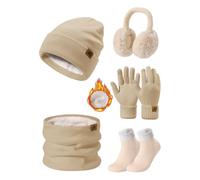 UMIPUBO Mütze Schal Handschuhe Damen Winter Set Wintermütze Fleece Gefütterte Beanie Loop Schlauchschal Wärmer Touchscreen Plüsch Ohrenwärmer Verdickte Ohrenschützer Socken-5 Stück Set，Khaki