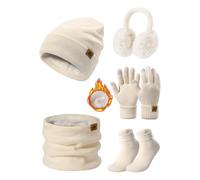 UMIPUBO Mütze Schal Handschuhe Damen Winter Set Wintermütze Fleece Gefütterte Beanie Loop Schlauchschal Wärmer Touchscreen Plüsch Ohrenwärmer Verdickte Ohrenschützer Socken-5 Stück Set，Beige