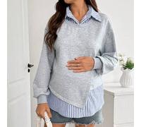 Umstands-Sweatshirt im minimalistischen 60er-Jahre-Stil, lässig und vielseitig, gestreiftes Patchwork, 2-in-1, Babyblau, herbstlich, allmatch, süß und