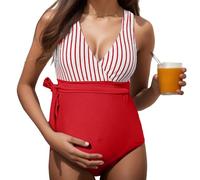 Umstandsbadeanzug Schwangerschafts Maternity Badeanzug Umstands-Bikini Umstandsbademode Swimsuit V-Ausschnitt Einteiliger Rückenfrei Umstands Swimwear Bikini Strandbekleidung für Schwangere (Red, XL)