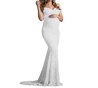 Umstandskleid Fotoshooting Elegant Schulterfreies Tüll Langes Maxikleid Damen Spitze Lange Fotografie Foto Shoot Mutterschaft Kleid Umstandsmode Schwangerschafts Fotoshooting Maxi Kleidung (White, S)