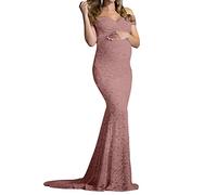 Umstandskleid Fotoshooting Elegant Schulterfreies Tüll Langes Maxikleid Damen Spitze Lange Fotografie Foto Shoot Mutterschaft Kleid Umstandsmode Schwangerschafts Fotoshooting Maxi Kleidung (Pink, L)
