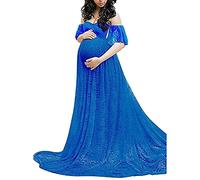 Umstandskleid Fotoshooting Schulterfreies Tüll Langes Maxikleid Damen Elegant Spitze Trägerloses Lange Fotografie Foto Shoot Mutterschaft Kleid Schwangerschafts Fotoshooting Maxi Kleidung (Blue, L)