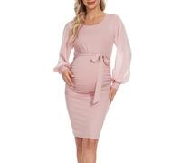 Umstandskleid, Midilänge, lange Rüschärmel floraler Netzstoff, figurbetontes Kleid für Babyparty, Fotoshooting., Swiss Dot Pink, Klein