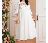 Umstandskleid mit Manschetten-Bommel-Blumenbesatz, Glockenärmel, Blumenstickerei, A-Linie Saum, langes Kleid aus reiner Baumwolle