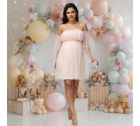 Umstandsmodekleid mit Rüschen-Ärmeln und Off-Shoulder, Mesh-Kleid für Baby-Shower Fotoshooting, kurzes Abendkleid