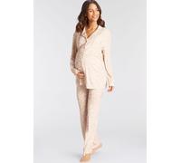 Umstandspyjama LASCANA, Damen, Gr. 32/34, beige (beige, gemustert), Single Jersey, Obermaterial: 95% Viskose, 5% Elasthan, gemustert, sehr bequem lang, V-Ausschnitt, eingesetzt Manschette, Homewear-Se