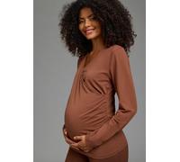 Umstandsshirt NEUN MONATE "Stillshirt mit praktischem Ausschnitt", Damen, Gr. 44/46, braun, Jersey, Obermaterial: 95% Baumwolle, 5% Elasthan, unifarben, Basic, Basic hüftlang, V-Ausschnitt, Shirts Ums