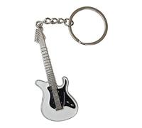 Unbekannt Schlüsselanhänger Edelstahl Leder silber Motiv Elektrische Gitarre weiß und schwarz.