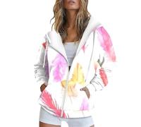 und Winter Warm Bunte Retro Blumendruck Lässige Langarm Kordelzug Kapuzenjacke Reißverschluss Damen Kapuzenpullover Baumwollmantel Hoodie Sweatjacke Lang Plüschpullover Frauen Schönes Grünes