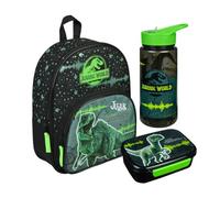 Undercover Kindergartenrucksack Jurassic World Dinosaurier Junge mit Brotzeitdose Trinkflasche - Personalisiert mit Name - Set Kinderrucksack Dino TRex mit Brotdose Trinkbecher