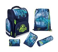Undercover Schulranzen Set 1. Klasse Dino, Personalisierter Inhalt mit Name, Schultasche Jungen Grundschule, Jurassic World Dinosaurier Dunkelblau