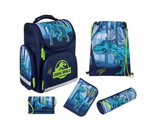 Undercover Schulranzen Set 1. Klasse Dino, Personalisierter Inhalt mit Name, Schultasche Jungen Grundschule, Jurassic World Dinosaurier Dunkelblau